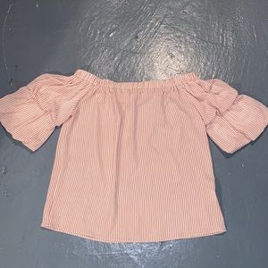 Coverstitched Pink & White Striped Off The Shoulder Ruched Sleeve Top